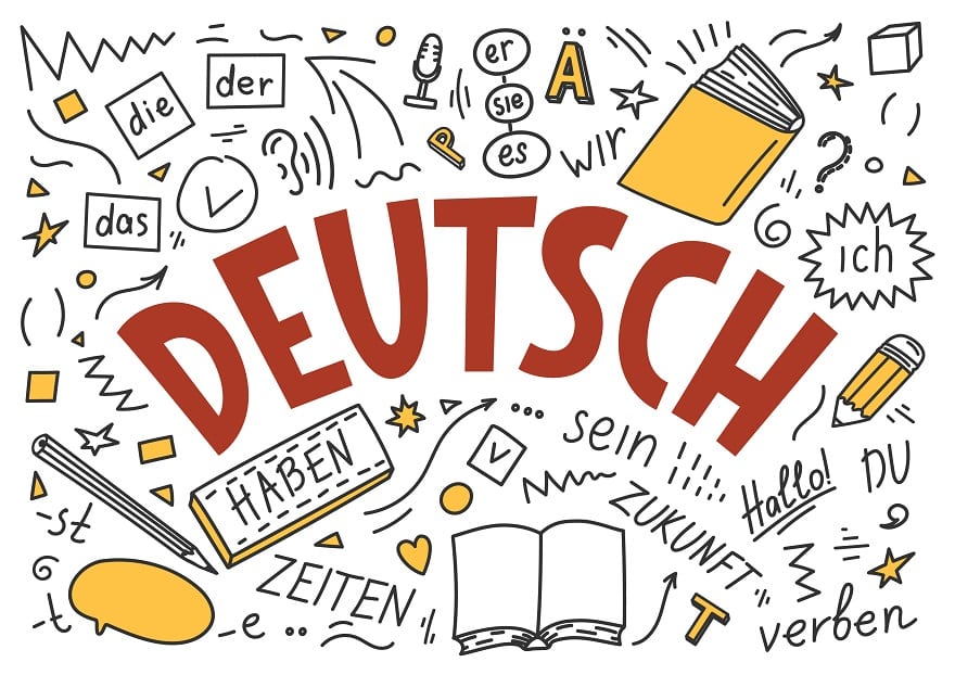 Moving to Germany - Deutsch. Translation German. German language hand drawn doodles and lettering